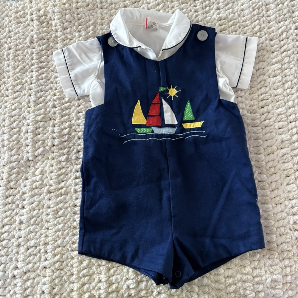 Vintage 80s Blue Shortall Romper Appliqué Sail Boats Sailor W/Shirt Baby 24M